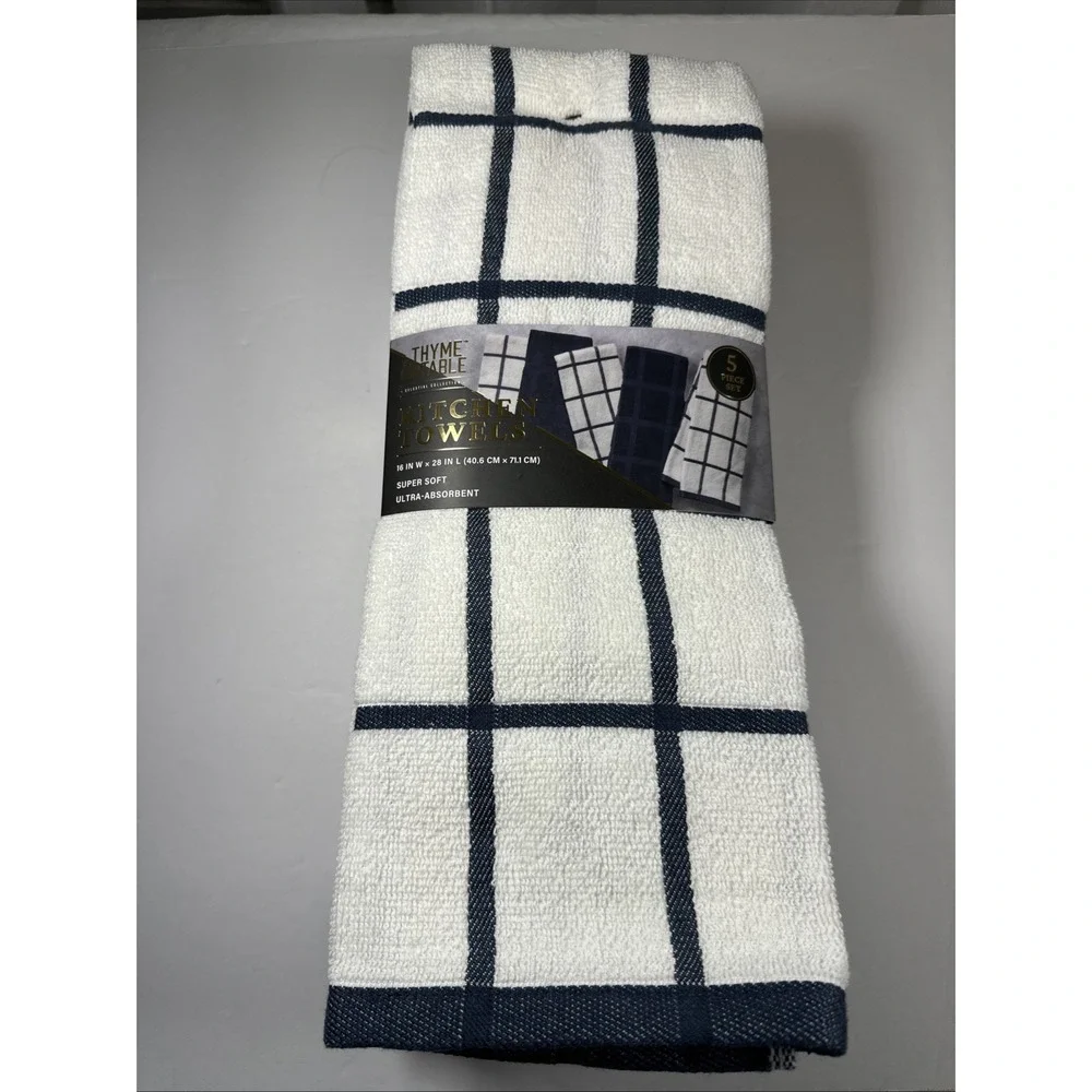 Thyme/Table Kitchen Towels Set 5 pcs Navy/White Super Soft Ultra Absorbent New